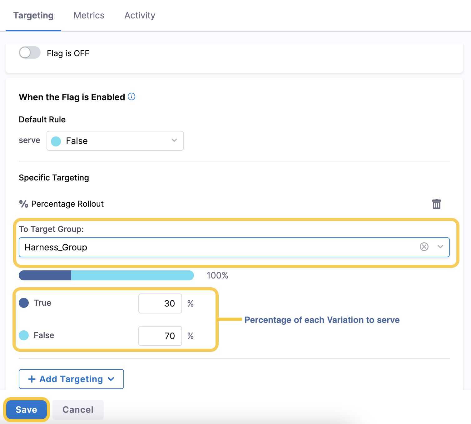 The Targeting Tab of a Flag with percentage roll out applied