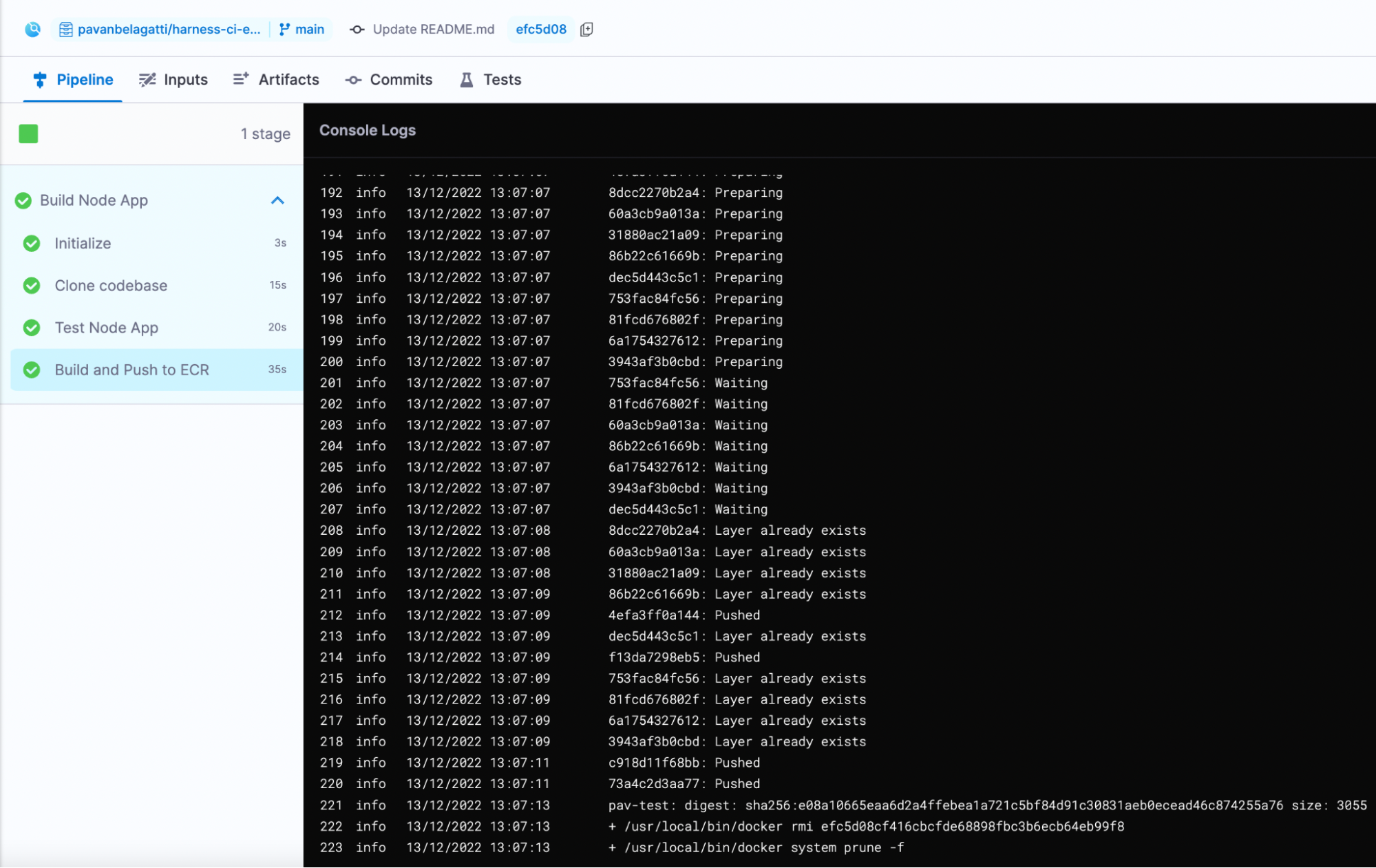 ECR tutorial pipeline logs