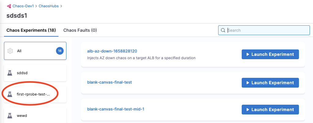 Viewing experiments in a chaos hub, with an experiment tag/filter circled